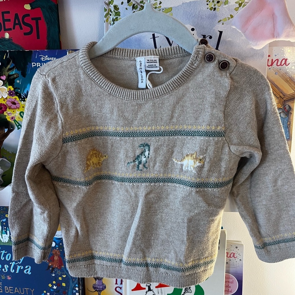 Janie and jack Beige Kids Sweater with Dinosaur Motif